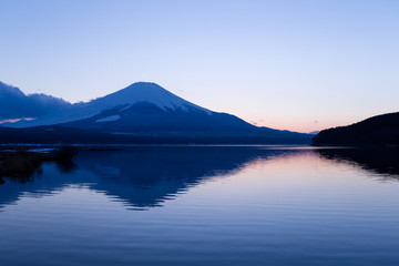 Mountain Fuji and lake at sunset