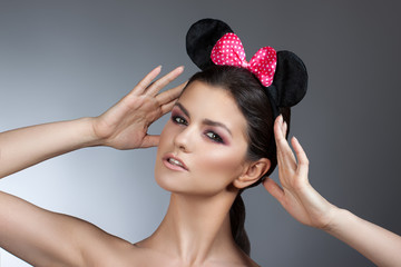 style woman portrait perfect face, professional make. fashion mouse with big ears. Fashion art photo.