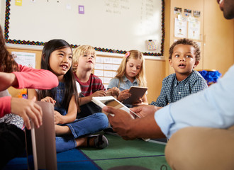 Elementary school class sitting cross legged using tablets