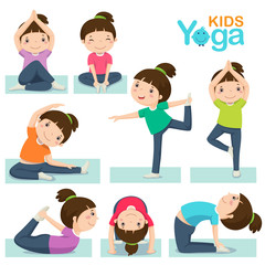 Cute girl doing yoga on a white background.