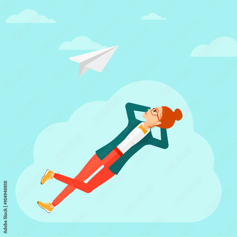 Poster business woman relaxing on cloud.