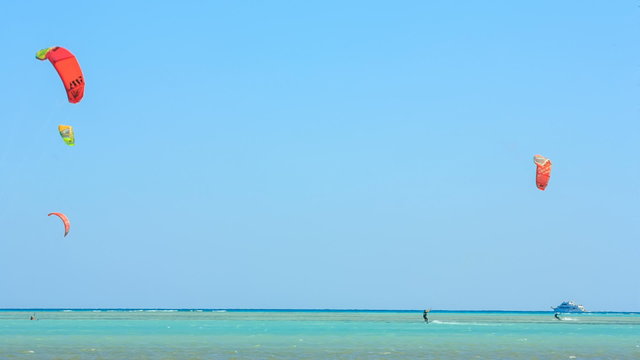 People engaged in kite surfing in the Kite Village at the Red Sea near Hamata Marine.