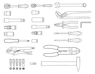 Hand tools - set icons. Isolated black symbols on white backgrou