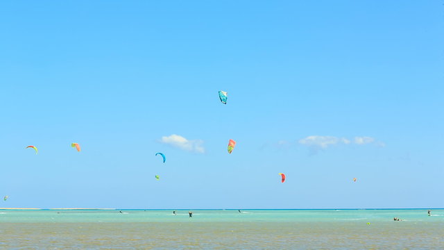 People engaged in kite surfing in the Kite Village at the Red Sea near Hamata Marine.