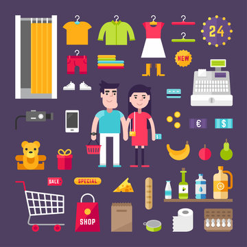 Shopping and Sale. Set of Flat Style Vector Illustrations and Icons