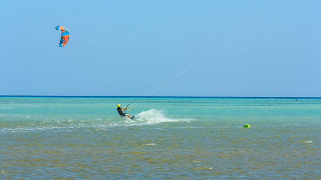 People engaged in kite surfing in the Kite Village at the Red Sea near Hamata Marine.