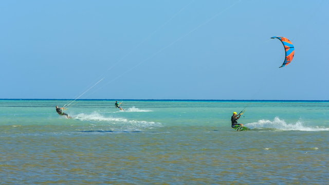People engaged in kite surfing in the Kite Village at the Red Sea near Hamata Marine.
