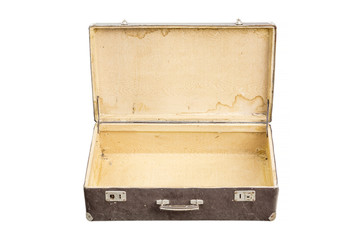 Opened vintage suitcase on white