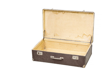 Opened vintage suitcase on white