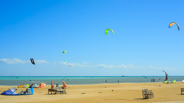 People engaged in kite surfing in the Kite Village at the Red Sea near Hamata Marine.