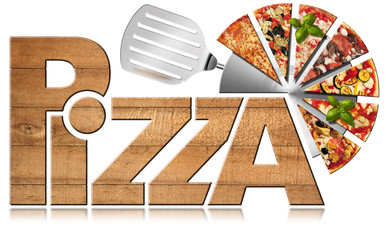 Obrazy na Szkle  Pizza - Drewniany symbol z kawałkami pizzy / Drewniana ikona lub symbol z tekstem Pizza, nóż do pizzy ze stali nierdzewnej i kawałki pizzy. Pojedynczo na białym tle