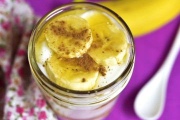 Natural yogurt with banana,honey and cinnamon.