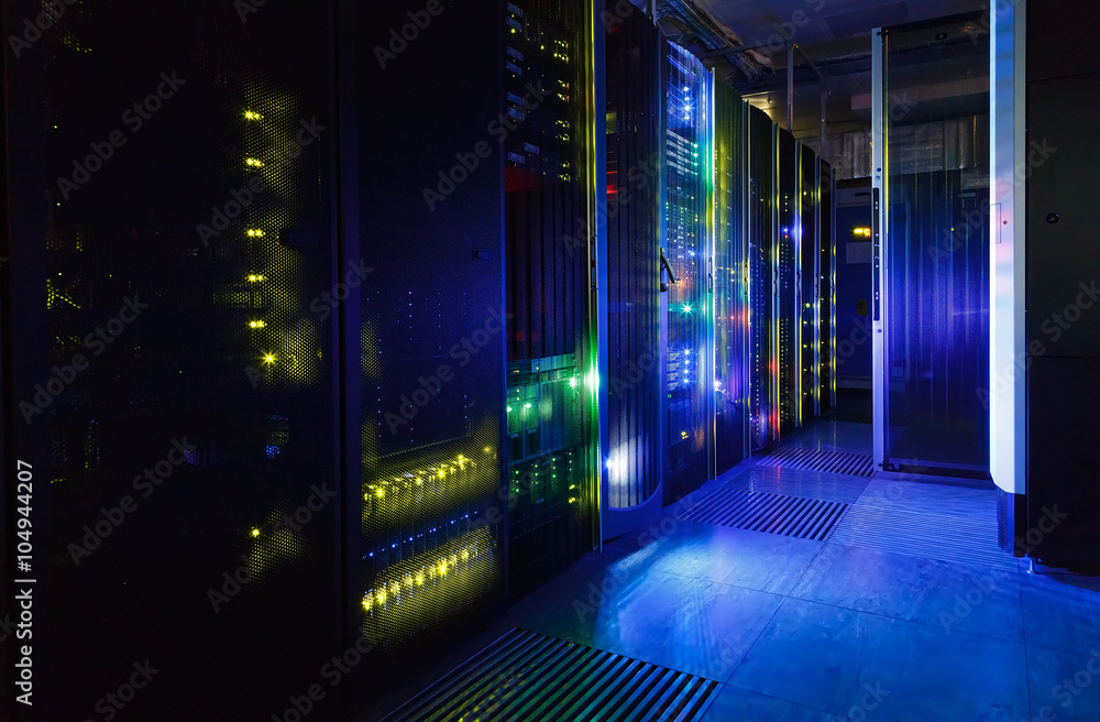 Poster fantastic view of the mainframe in the data center rows