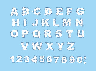 Cloud alphabet. Cloud letters and numbers. White cloud font. Blu