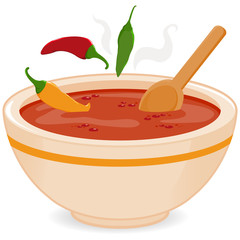 Bowl of hot chili soup and chili peppers. Vector illustration - obrazy, fototapety, plakaty