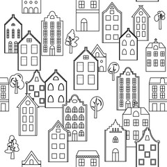 Vector seamless pattern background with european houses in black