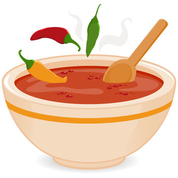 Bowl of hot chili soup and chili peppers. Vector illustration