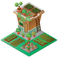 Garden in spring. Garden house with seedlings and flowers. 3d isometric view. Vector illustration.
