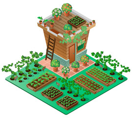 Garden in spring. Garden house with seedlings and flowers. 3d isometric view. Vector illustration.