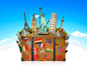 Travel bag full of famous monument of the world