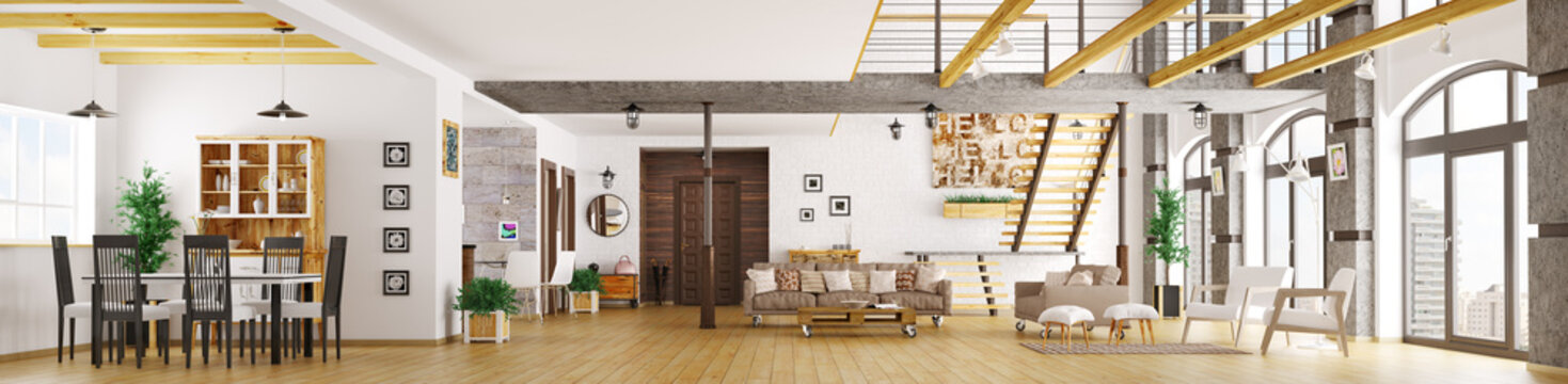 Modern loft apartment interior panorama 3d render
