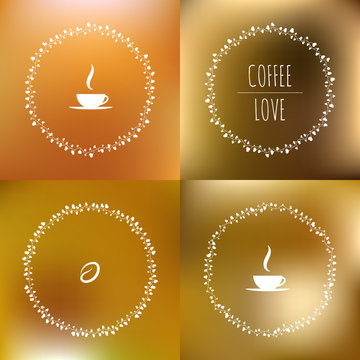 Set of coffee vector framework of the vines with hearts and coffee beans