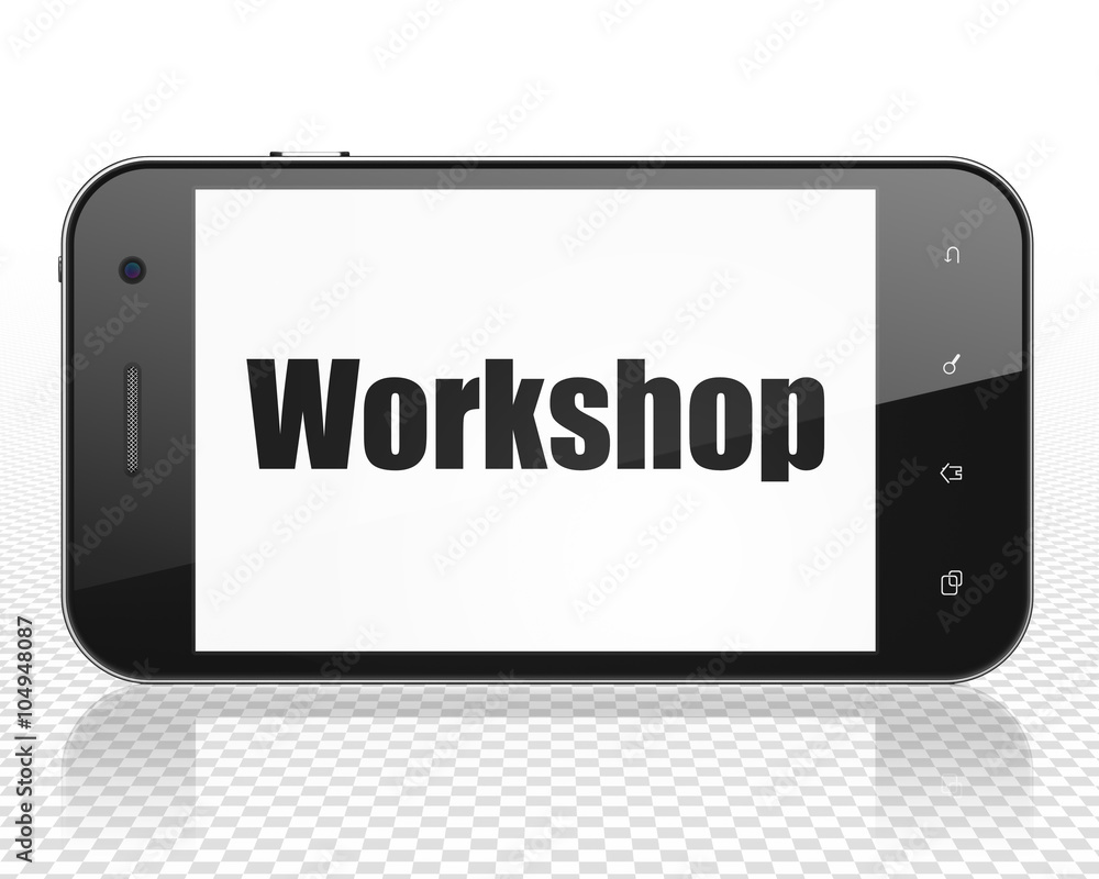 Aufkleber learning concept: smartphone with workshop on display