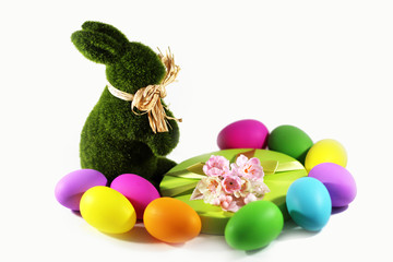 Easter Bunny rabbit and colorful Easter eggs