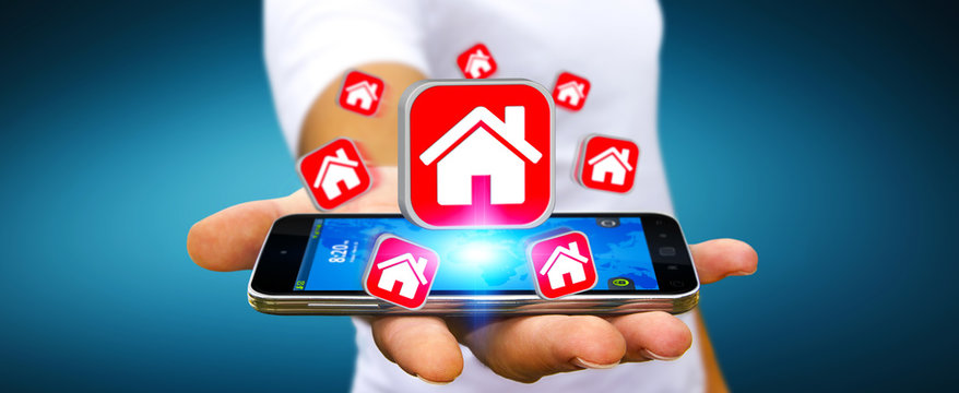 Businessman using modern mobile phone to rent a flat