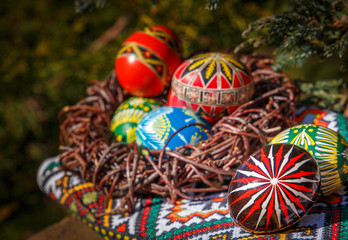 Easter eggs on a embroidered towel. easter background