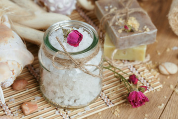 Composition of spa treatment on wooden background