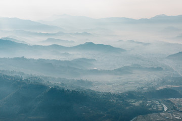 Aerial view of a misty morning near Pokhara