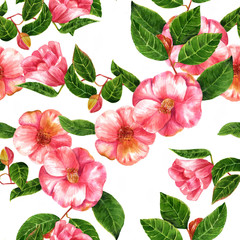 Vintage style seamless background pattern of tender pink watercour camellias
