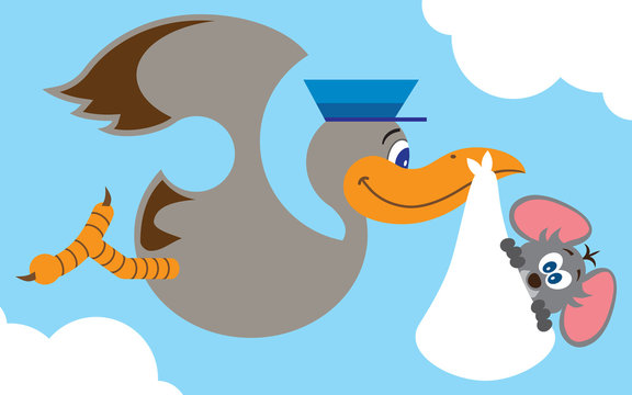 Flat vector cartoon stork carrying baby mouse to his new home