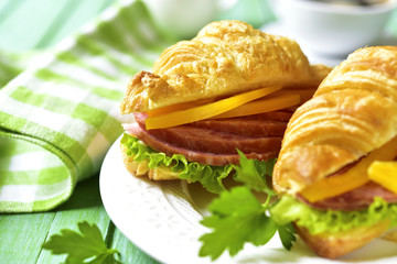 Croissant sandwich with salami and bell pepper.