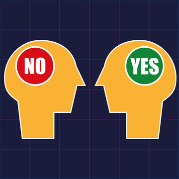 Two Human Heads In Profile With Opposing Views In The Form Of YES And NO Signs In The Brain Area