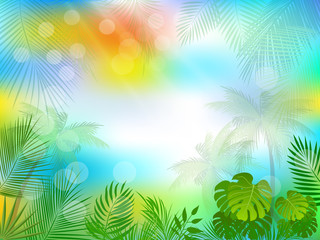 Fototapeta na wymiar Tropical jungle background with palm trees and leaves.