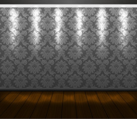Vector presentation baroque design scene with spotlight and wooden floor. Vip room wall with silver floral pattern wallpaper and cold light. Showcase background for you project.