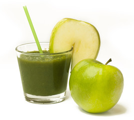 Glass of apple smoothie with drinking straw, on white background