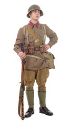  young Soviet soldier with rifle on the white background