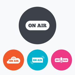On air icons. Live stream signs. Microphone.
