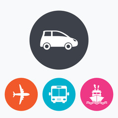 Transport icons. Car, Airplane, Bus and Ship.