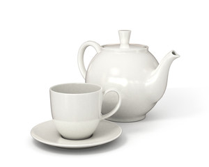 ceramic teapot and cup of tea isolated on white background