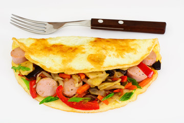 Healthy, Diet Food: Scrambled Eggs with Sausage and Vegetable