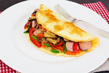 Healthy, Diet Food: Scrambled Eggs with Sausage and Vegetable