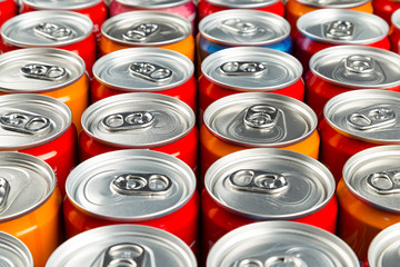 close-up of many aluminum soda cans