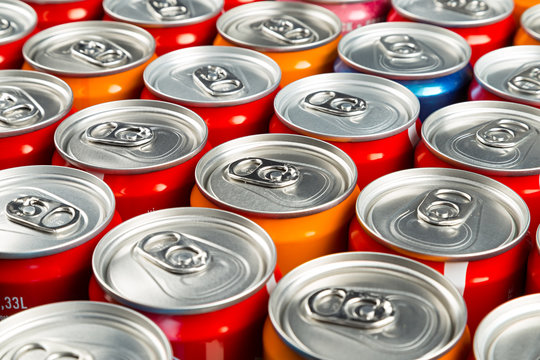 close-up of many aluminum soda cans
