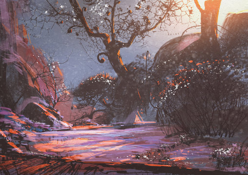 beautiful winter sunset with fantasy trees in the snow