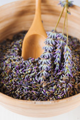 Dried lavender in a bowl selective focus