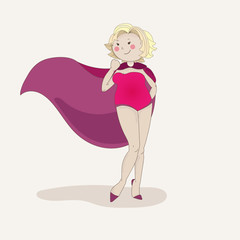 Woman super hero in pink cape smiling and happy blonde